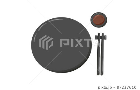 Soy sauce in black bowl plate with chopsticks. Vector stock illustration isolated on white background for Asian cuisine template. EPS10 Soy sauce in black bowl plate with chopsticks. Vector stock illustration isolated on white background for Asian cuisine template. EPS10 87237610