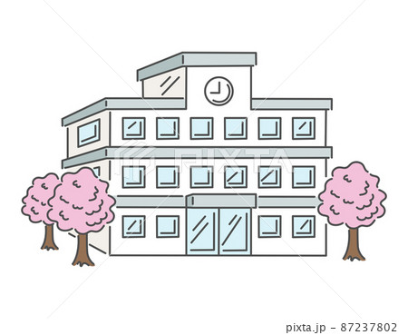 学校の校舎のイメージイラスト 桜の木のイラスト素材
