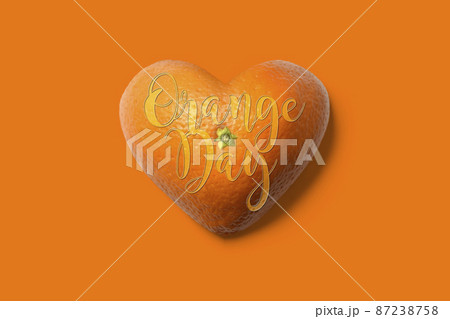 オレンジデーのロゴ入りアイコン、リアルなハート型オレンジ、ヘタ付き! オレンジデーのロゴ入りアイコン、リアルなハート型オレンジ、ヘタ付き! 87238758