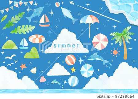 夏をイメージした可愛い水彩のビーチ素材セット 87239664