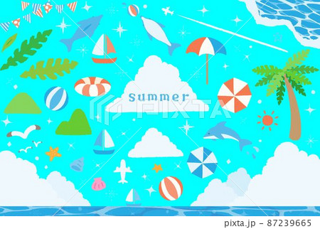 夏をイメージした手描きのかわいい海素材のセットのイラスト素材
