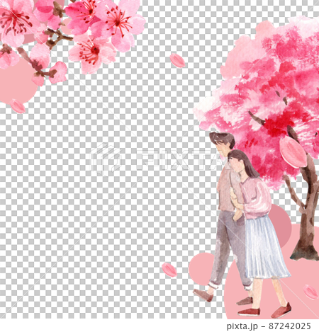 Family picnic in spring park with blooming cherry trees.watercolor frame 87242025