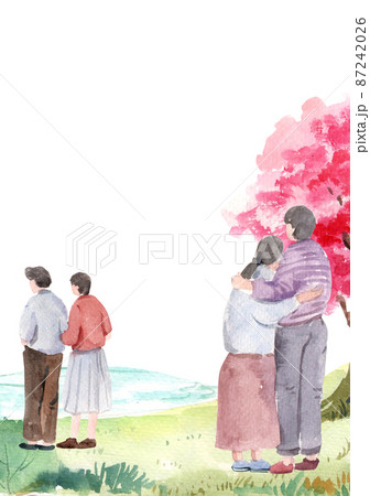 Family picnic in spring park with blooming cherry trees.watercolor frame 87242026