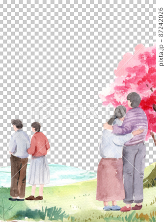 Family picnic in spring park with blooming cherry trees.watercolor frame 87242026