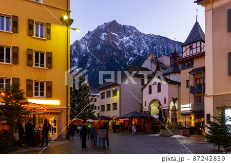 Evening landscape of Christmas city streets in Brig 87242839
