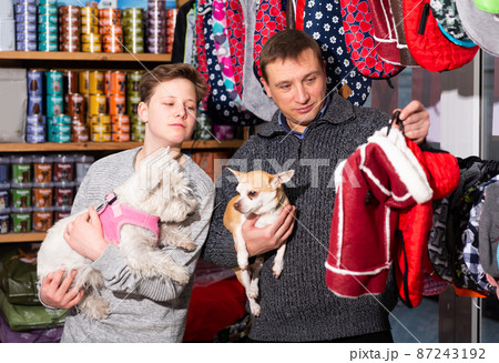 Customers with dogs choosing clothes for dogs in pet store 87243192