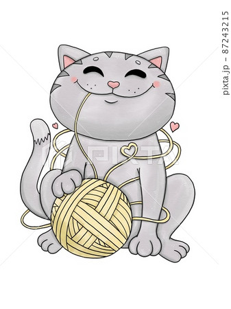 Funny grey cat with ball of yarn Funny grey cat with ball of yarn 87243215