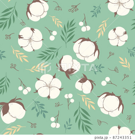 Seamless pattern with cotton, plant, leaves, green 87243351