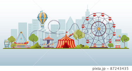 Vector background of amusement park. Urban landscape with carousels, roller coaster and air balloon 87243435