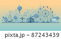 Monochrome vector background of amusement park. Urban landscape with carousels, roller coaster and 87243439