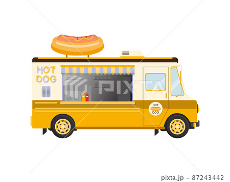 Hot dog food truck. Amusement park food market. Flat vector illustration. 87243442