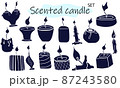 A set of scented candles with a burning fire. Candles for interior, lighting and romantic dates. Aromatherapy. Vector illustration in solid monochrome design on a white background. 87243580