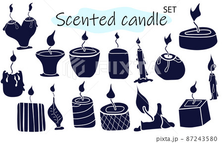 A set of scented candles with a burning fire. Candles for interior, lighting and romantic dates. Aromatherapy. Vector illustration in solid monochrome design on a white background. 87243580
