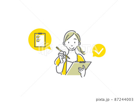 問診票に記入する女性　シンプルでお洒落な線画イラスト 87244003