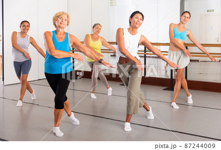 Group of active women practicing energetic dance in a studio Group of active women practicing energetic dance in a studio 87244009