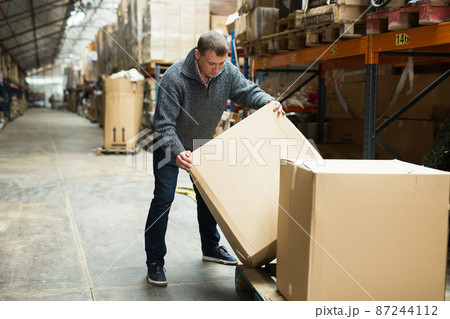 Male seller holding box in warehouse 87244112