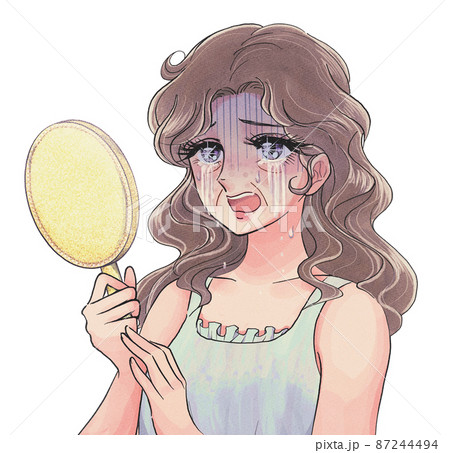 鏡を見て大泣きする高齢女性の少女漫画風イラスト 87244494
