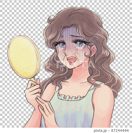 鏡を見て大泣きする高齢女性の少女漫画風イラスト 87244494