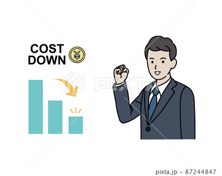 コストダウン　コスト削減に成功する　目標　ビジネスマン　スーツ姿の男性　経費　人件費 87244847