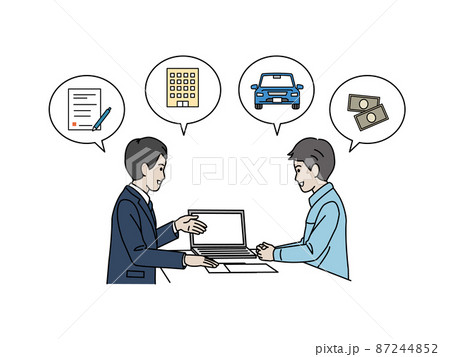 保険の相談　契約　物件探し　不動産屋　相談する男性　お客　金融　イラスト 87244852