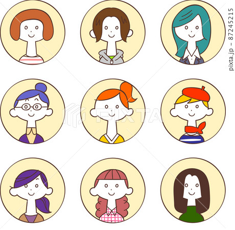 円形で囲まれた9人の若い女性のアイコン1 円形で囲まれた9人の若い女性のアイコン1 87245215