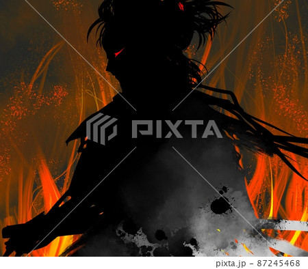 メラメラ燃える心の炎と斬りつける浪人サムライ役の歌舞伎役者 メラメラ燃える心の炎と斬りつける浪人サムライ役の歌舞伎役者 87245468