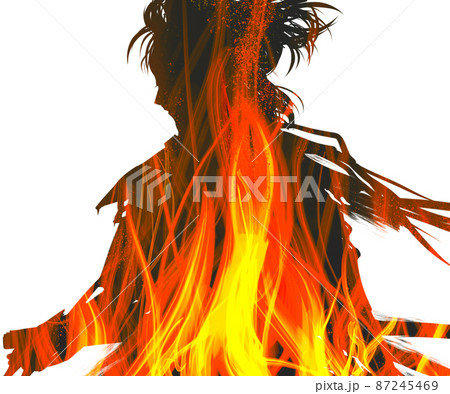 メラメラ燃える心の炎と斬りつける浪人サムライ役の歌舞伎役者 メラメラ燃える心の炎と斬りつける浪人サムライ役の歌舞伎役者 87245469