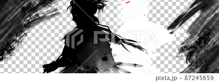 Hand-painted illustration of a paper-cutting young samurai facing a sword fight 87245659