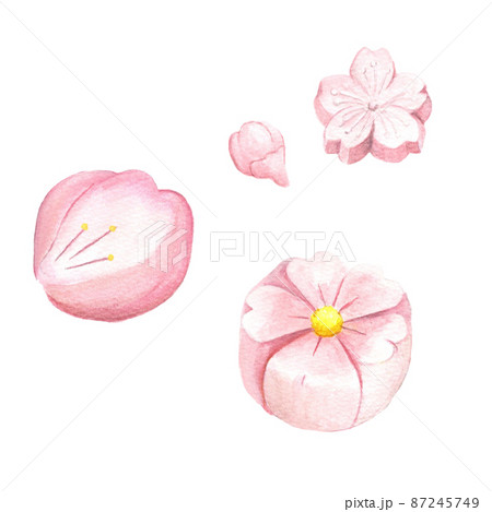 手描き水彩の桜の和菓子イラストセットのイラスト素材