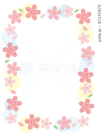 桜の花のかわいいフレーム背景 カラフル A3縦 白背景のイラスト素材