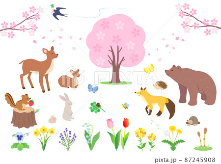 春の森にいる動物たちと植物のイラストセットのイラスト素材