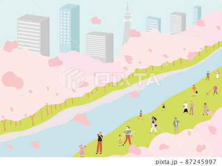 桜並木、川のある風景と人々 桜並木、川のある風景と人々 87245997