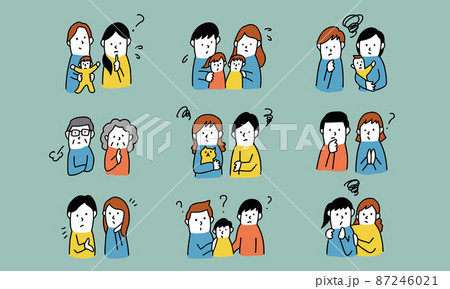 悩み、懸念、問題などを抱えるネガティブな表情をしたさまざまな家族・世帯のイラストアイコン 87246021