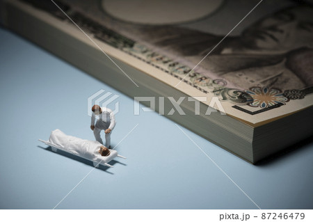 お金（お札）とミニチュアの医者 87246479