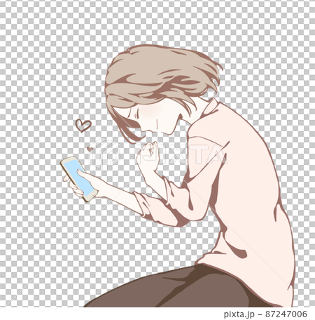 スマホを持って寝転がる女性(ハートな情報/連絡/恋人) 87247006