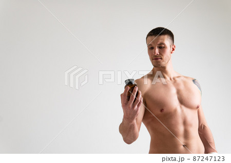 Fitness protein jars white on white background bodybuilder powder strong high ache body backache spine medical, hand expression. therapy, problem suffer attractive 87247123