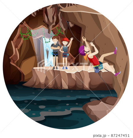 Scene with people climbing rocky moutain on circle artboard Scene with people climbing rocky moutain on circle artboard 87247451