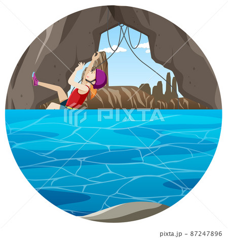 Scene with people climbing rocky moutain on circle artboard Scene with people climbing rocky moutain on circle artboard 87247896