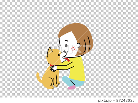 A girl hugging a shiba inu, a shiba inu licking her face 87248053