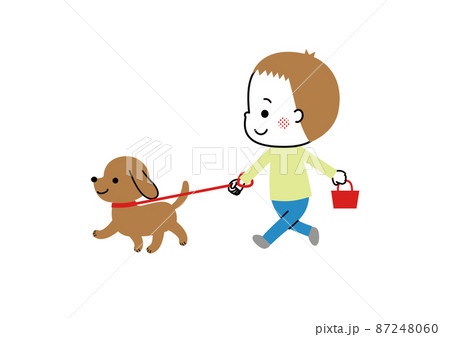 犬の散歩をしている男の子のイラスト素材