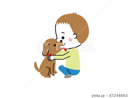 A Boy Hugging A Dog And A Dog Licking The Boy'S... - Stock Illustration  [87248063] - Pixta