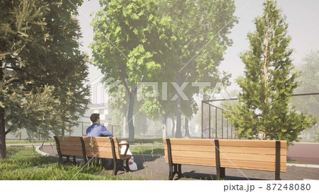 公園のベンチでひと休みの男性と犬のイラスト素材