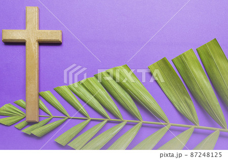 Cross and palm leaves on purple background. Lent season concept. Cross and palm leaves on purple background. Lent season concept. 87248125