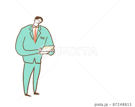 通帳を見るスーツの男性 カラー 横 左配置 のイラスト素材
