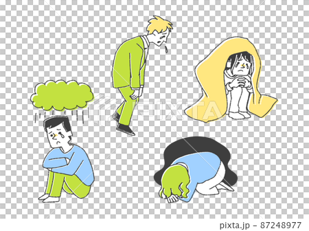 落ち込んでいる人々のセット　コミカルな手書きの人物イラスト　ベクター線画にシンプルな色つけ　白バック 87248977