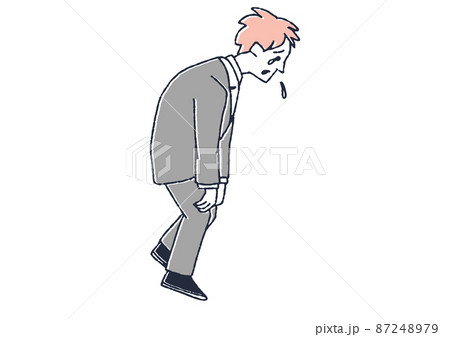 激しく落ち込んでいる男性　コミカルな手書きの人物イラスト　ベクター線画にシンプルな色つけ　白バック 87248979