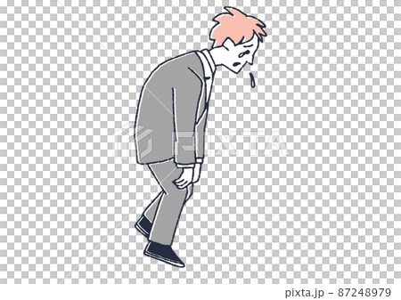 激しく落ち込んでいる男性　コミカルな手書きの人物イラスト　ベクター線画にシンプルな色つけ　白バック 87248979