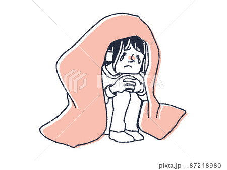 毛布をかぶって落ち込む女性　手書きの人物イラスト　ベクター線画にシンプルな色つけ　白バック 87248980