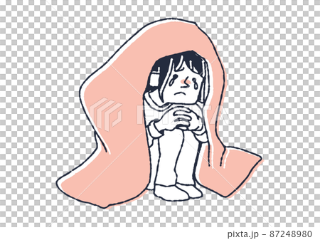 毛布をかぶって落ち込む女性　手書きの人物イラスト　ベクター線画にシンプルな色つけ　白バック 87248980