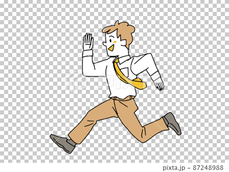 走っているビジネスマン　コミカルな手書きの人物イラスト　ベクター線画にシンプルな色つけ　白バック 87248988